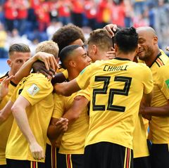 Die Spieler aus Belgien bejubeln den Treffer zum 1:0 gegen England im Spiel um Platz drei der WM 2018 in Russland