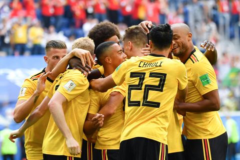 Die Spieler aus Belgien bejubeln den Treffer zum 1:0 gegen England im Spiel um Platz drei der WM 2018 in Russland