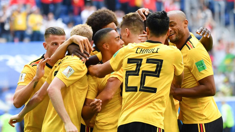 Die Spieler aus Belgien bejubeln den Treffer zum 1:0 gegen England im Spiel um Platz drei der WM 2018 in Russland