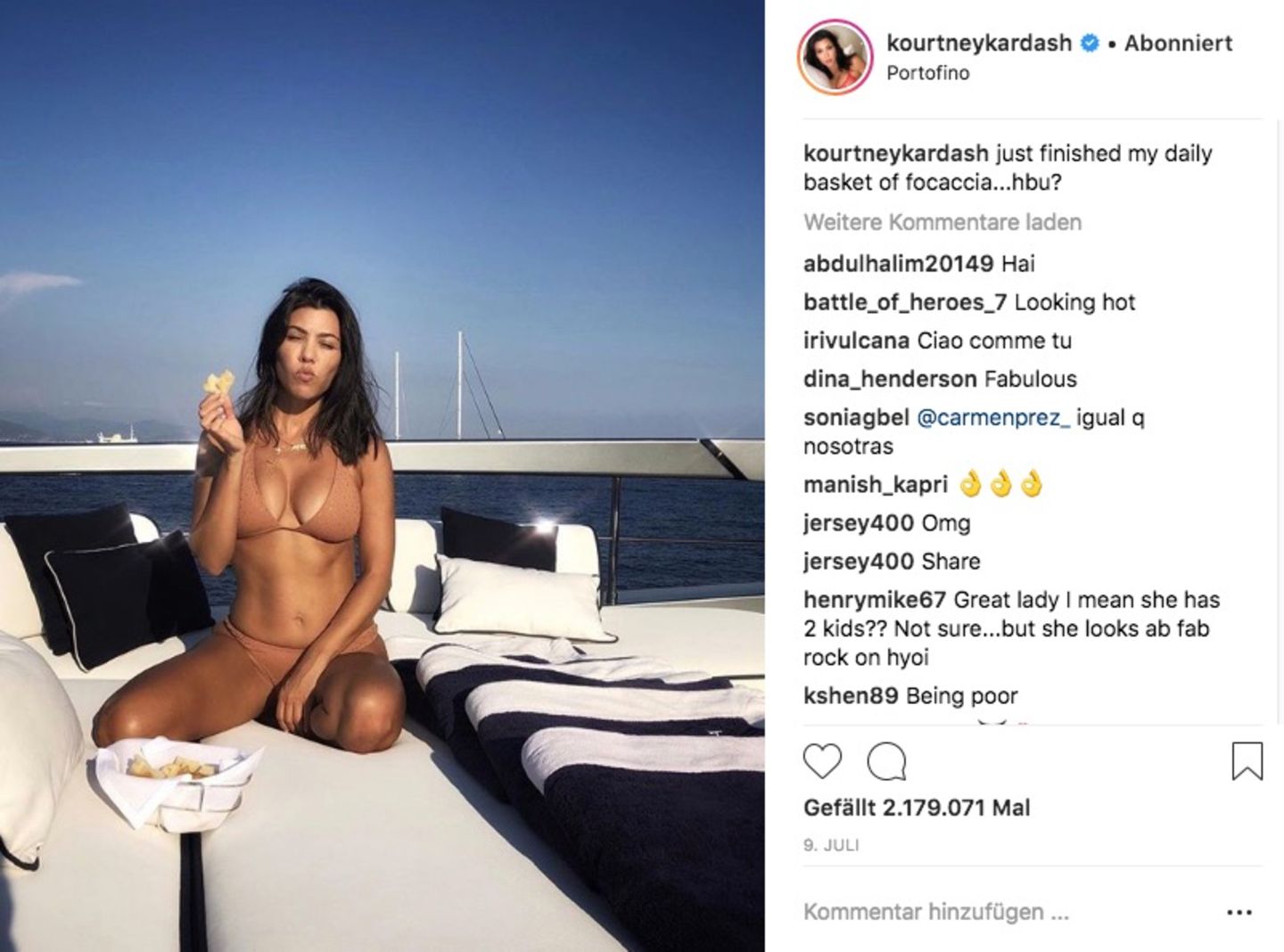 Mahlzeit: Kourtney Kardashian bevorzugt Urlaub auf dem Wasser an der Küste von Portofino in Italien - und auch noch mit Kohlehydraten.