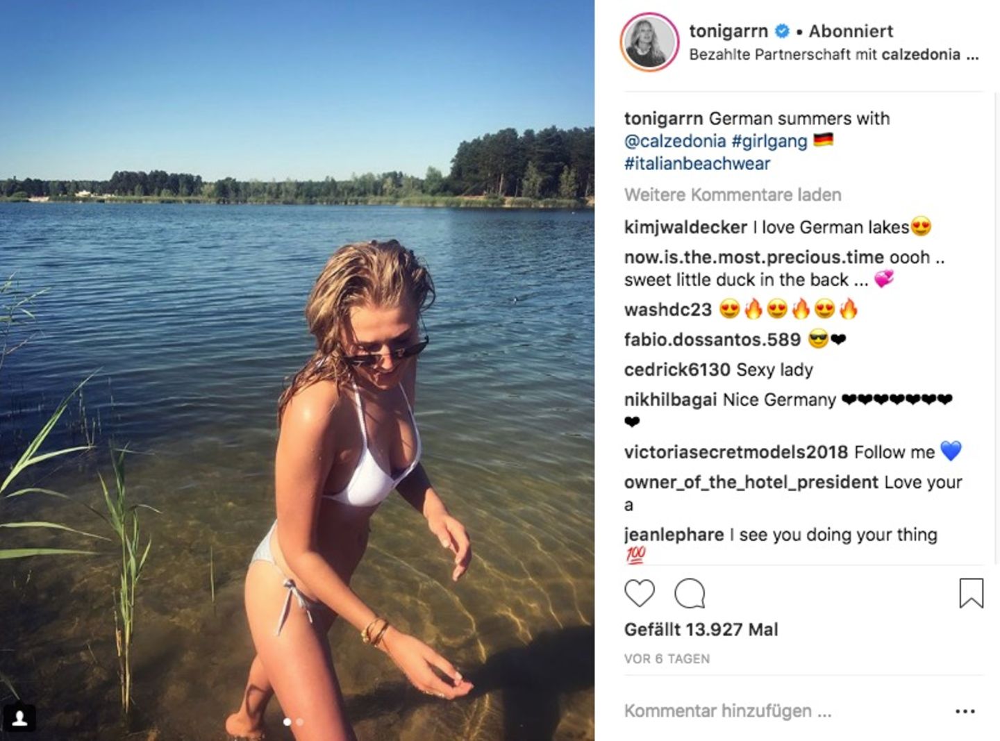 Auch Toni Garrn bleibt der Heimat treu und badet im Bernsteinsee bei Ruhlsdorf.