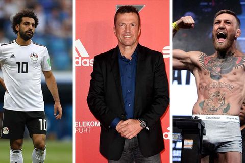 Mo Salah steht im Ägypten-Trikot auf dem Platz, Lothar Matthäus im Anzug vor einer roten Wand und Connor Mcgregor in Shorts