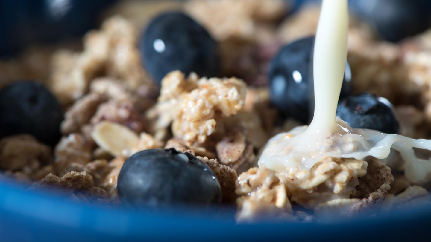 Schale mit Sojamilch und Müsli