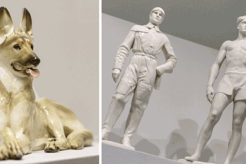 Das Porzellan aus der Nazi-Zeit ist gefragt. Der liegende Schäferhund etwa kostet 1500 Euro. Rechts sind die Figuren "Pilot" (vor 1938, l) und "Sieger" (nach 1939) zu sehen.