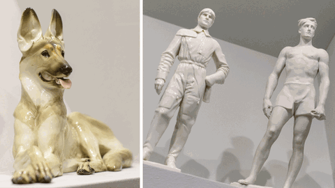 Das Porzellan aus der Nazi-Zeit ist gefragt. Der liegende Schäferhund etwa kostet 1500 Euro. Rechts sind die Figuren "Pilot" (vor 1938, l) und "Sieger" (nach 1939) zu sehen.