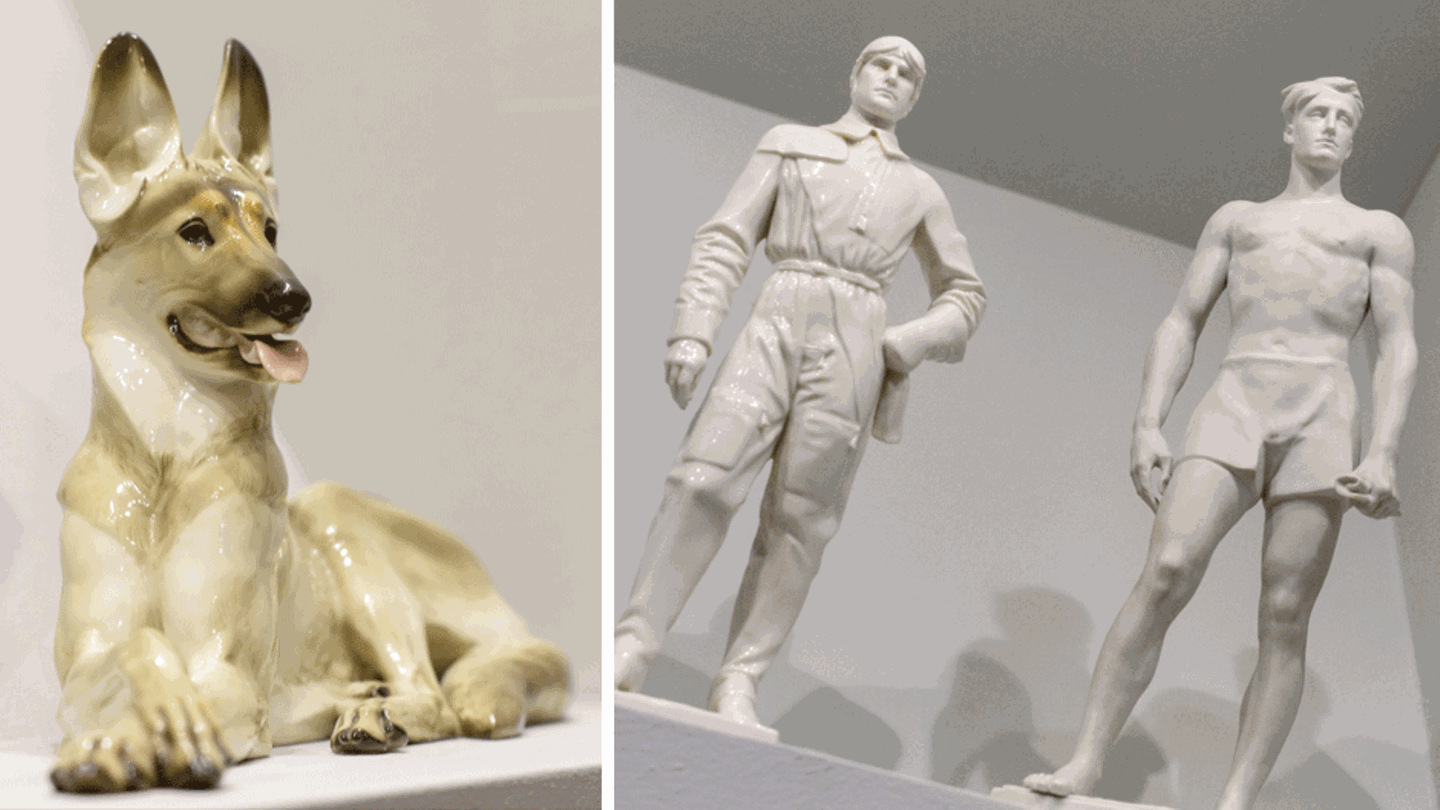 Das Porzellan aus der Nazi-Zeit ist gefragt. Der liegende Schäferhund etwa kostet 1500 Euro. Rechts sind die Figuren "Pilot" (vor 1938, l) und "Sieger" (nach 1939) zu sehen.