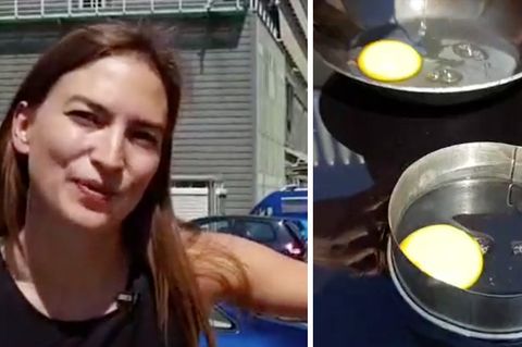 Links lächelt eine junge Frau in die Kamera, rechts liegen zwei rohe Eier auf einem schwarzen Autodach