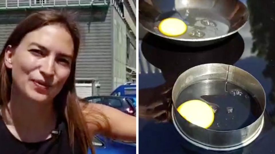 Eier auf Autodach Links lächelt eine junge Frau in die Kamera, rechts liegen zwei rohe Eier auf einem schwarzen Autodach