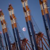 Der Mond geht über den Kränen des Containerterminals Eurogate im Hamburger Hafen auf, wo das Naturschauspiel auch gut zu sehen war.