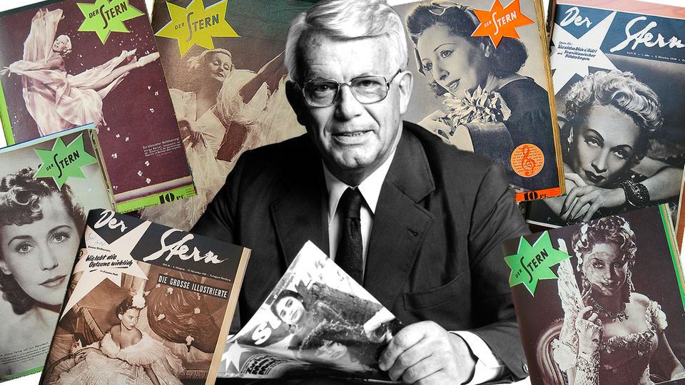 Henri Nannen in einer Fotomontage mit Titelbilder des alten und neuen stern