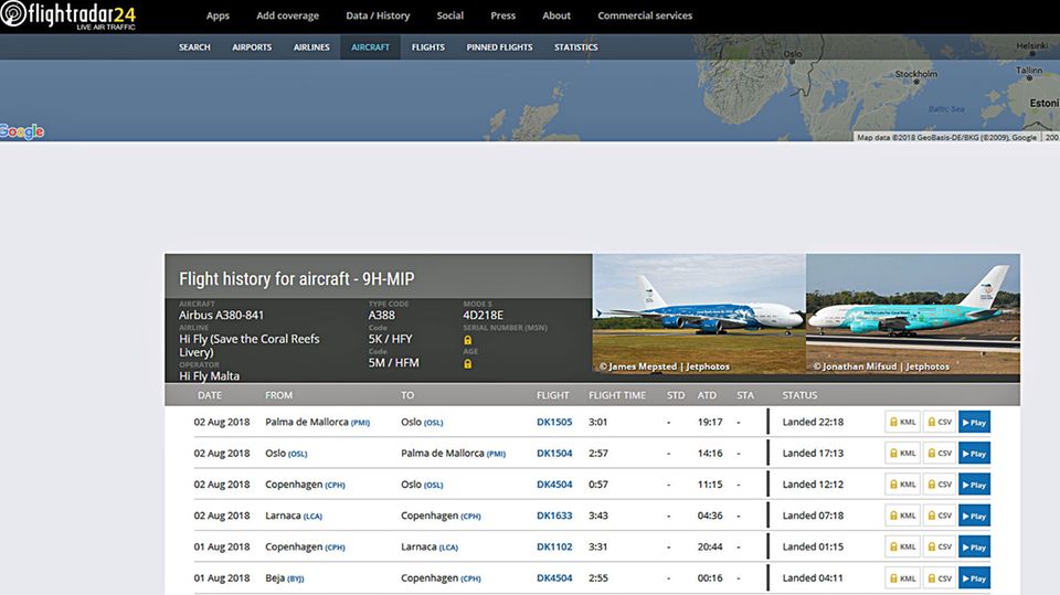 Die Website "flightradar24.com" zeigt die Charterflüge des Airbus A380 von Highfly in den letzten Tagen.
