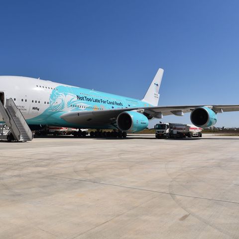 Der Airbus A380 der Fluggesellschaft Hifly mit der Sonderbemalung, die für den Schutz der Korallenriffe wirbt.