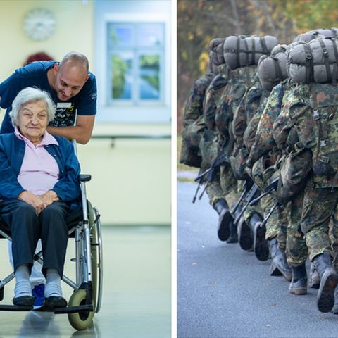 Links schiebt ein junger Pfleger eine ältere Dame im Rollstuhl, rechts marschiert ein Trupp Bundeswehrsoldaten