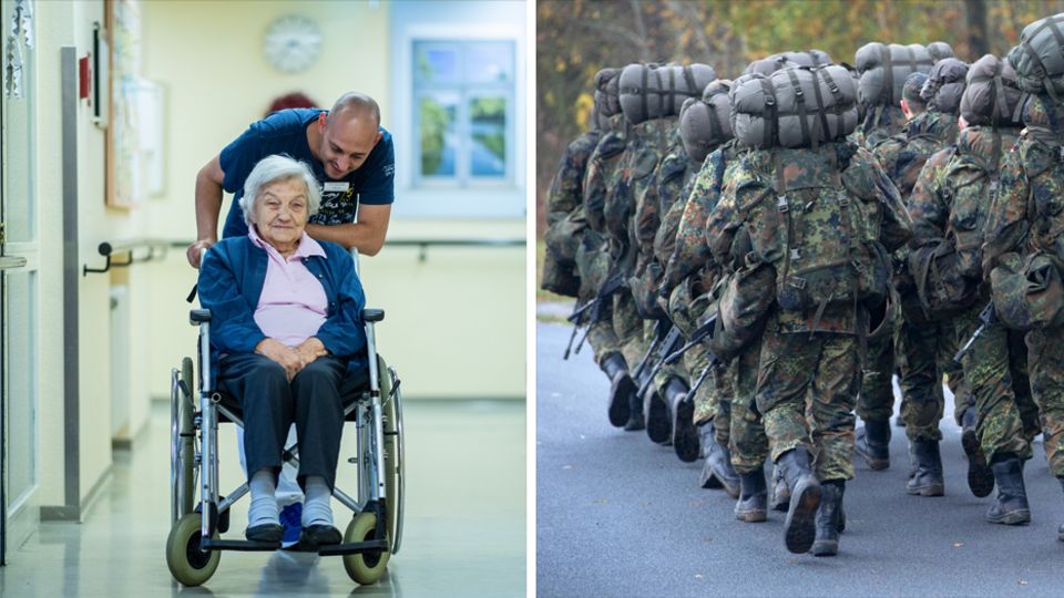 Links schiebt ein junger Pfleger eine ältere Dame im Rollstuhl, rechts marschiert ein Trupp Bundeswehrsoldaten