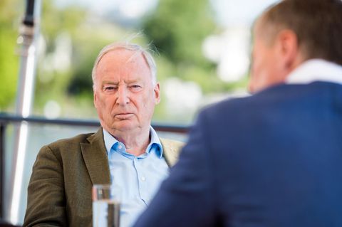 Alexander Gauland sitzt in olivgrünem Jackett und offenem Hemdkragen an einem Tisch. Unscharf im Hintergrund sind Bäume zu sehen