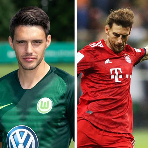 Links ein Spieler des VfL Wolfsburg im grünen Trikot, in der Mitte ein Bayern-Spieler in Rot und rechts ein Frankfurter Spieler