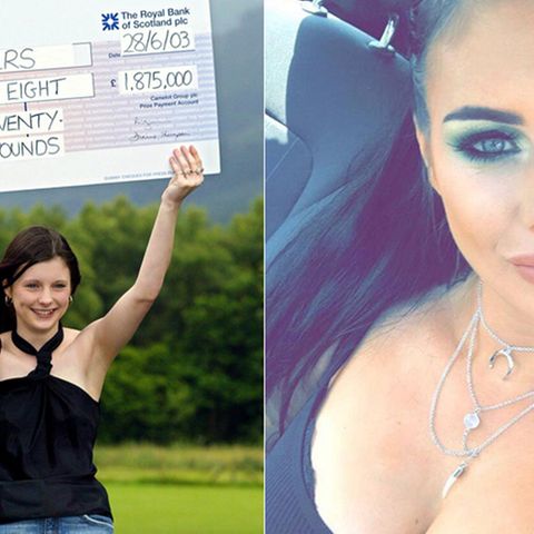 Callie Rogers mit ihrem riesigen Lottoscheck und 15 Jahre danach