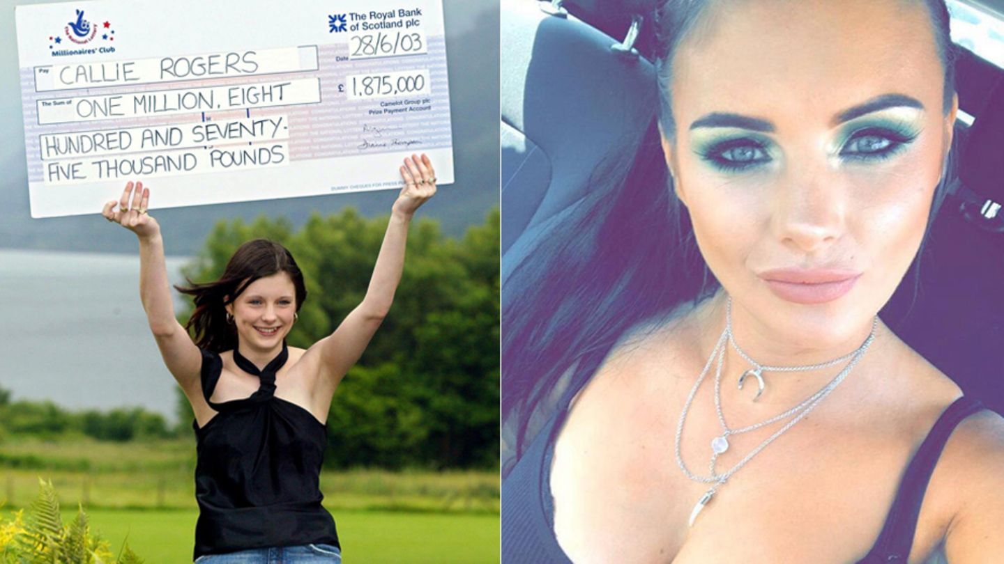 Callie Rogers mit ihrem riesigen Lottoscheck und 15 Jahre danach