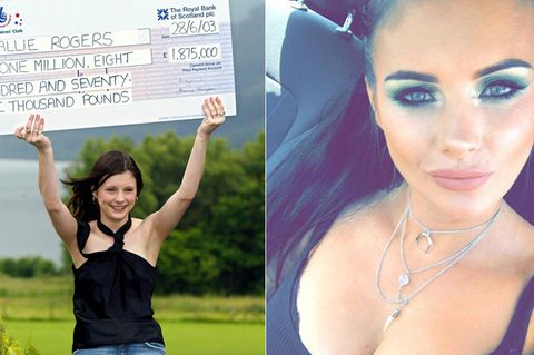 Callie Rogers mit ihrem riesigen Lottoscheck und 15 Jahre danach