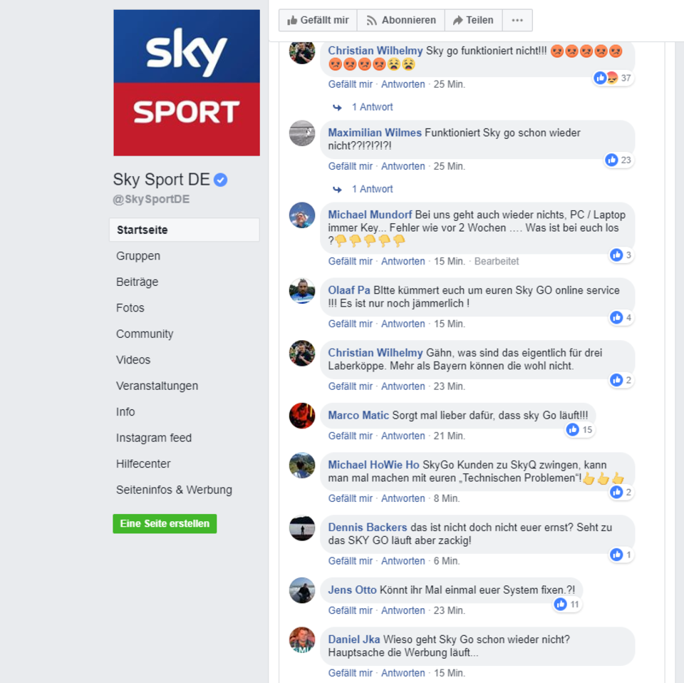 Facebook-Seite von Sky Sport