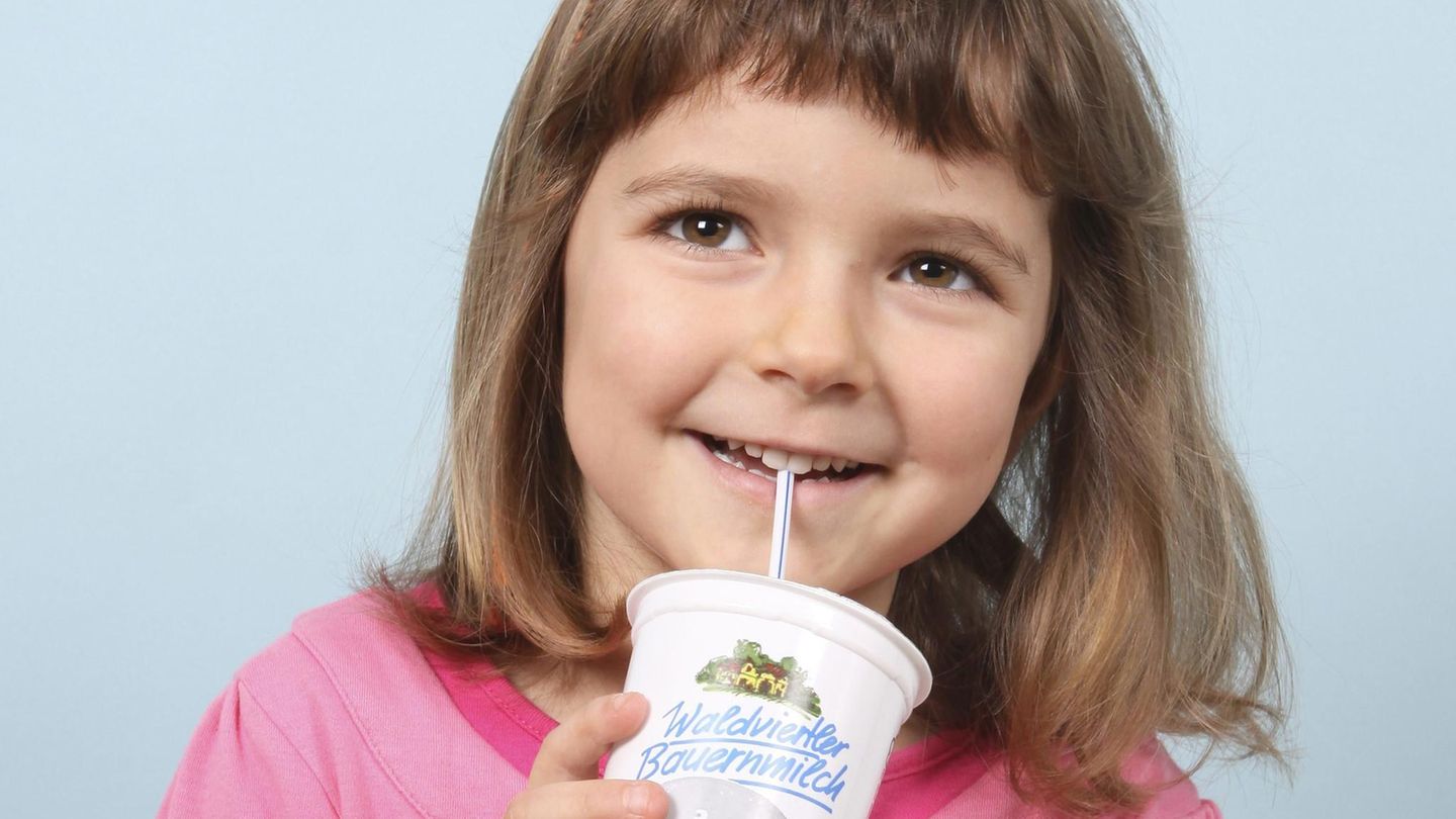 Ein kleines Mädchen trinkt Schulmilch.