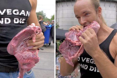 Unappetitlicher Protest: Anti-Veganer isst rohes Fleisch auf veganem Festival – und dann wird's brenzlig