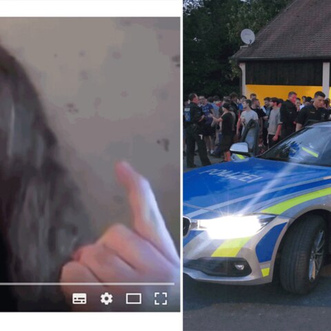 Links: Screenshot vom "Drachenlord1510"; rechts: Polizeiauto bei Hass-Demo gegen den "Drachenlord"