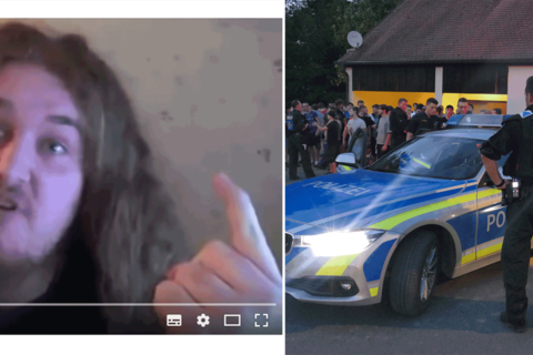 Links: Screenshot vom "Drachenlord1510"; rechts: Polizeiauto bei Hass-Demo gegen den "Drachenlord"