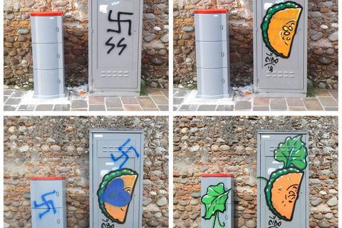 Aus Hakenkreuzen entstehen bunte Früchte.