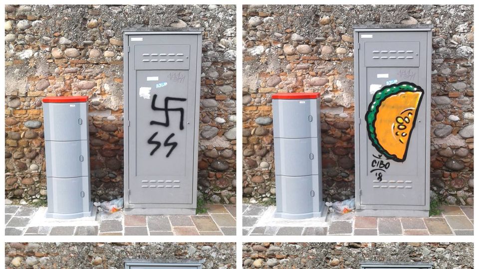 Aus Hakenkreuzen entstehen bunte Früchte. Aus Hakenkreuzen entstehen bunte Früchte.