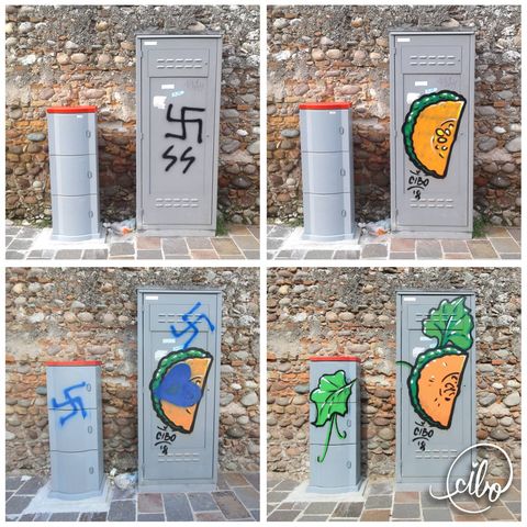 Aus Hakenkreuzen entstehen bunte Früchte.