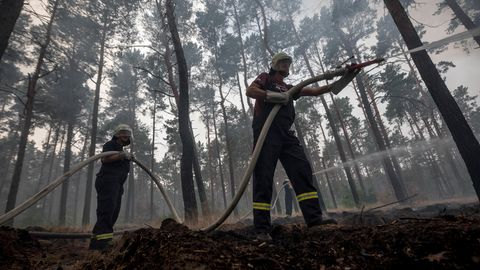 Feuerwehrmänner bekämpfen den Waldbrand bei Treuenbrietzen