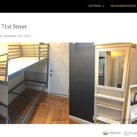 Auf der Homepage "Your Vanity Reality" wird ein 13-Quadratmeter-Studio in New York City angeboten. Das Inserat zeigt mehrere Bilder des kleinen Studios inklusive eines Stockbetts, auf dem ein Kühlschrank steht. Das Studio hat fast keine Fenster und keine Tür zum kleinen Badezimmer. Unterhalb der Bilder findet man die Beschreibung des Angebots, die Ausstattung sowie den Preis.