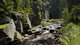 Mitten durch das grüne Herz  Mitten durch das grüne Herz Deutschlands windet sich eine wahre Traumstraße durch die Kulturlandschaft des Thüringer Waldes. Die "Naturpark-Route" führt vorbei an Wäldern, Flüssen, sanften Hügeln und lieblichen Städtchen mit Burgen und Schlössern. Rund 450 idyllische Kilometer vom lichten Gebirgsvorland durch dichte Wälder bis hinaus zu den schroffen Felsen des berühmten Rennsteigs. Wer hier keine Wanderschuhe und einen Rucksack im Kofferraum hat, der verpasst das Beste. Keine Lust auf Wandern? Dann warten die Wartburg, Schloß Altenstein und Renaissanceschloß Wilhelmsburg in Schmalkalden auf Erkundung. 