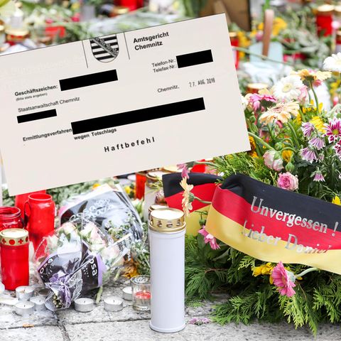 Blumen und Kerzen am Tatort in Chemnitz, der veröffentlichte Haftbefehl