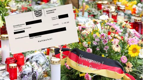Blumen und Kerzen am Tatort in Chemnitz, der veröffentlichte Haftbefehl