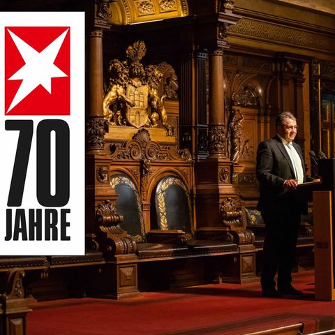 In einem Festsaal im Hamburger Rathaus steht SPD-Politiker Sigmar Gabriel vor einem geschnitzten Hamburger Wappen und spricht
