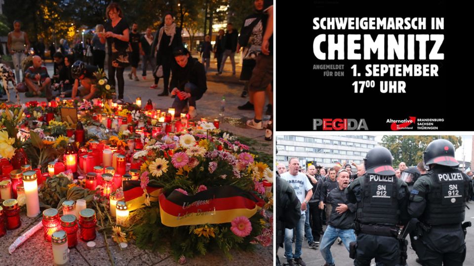 Blumen und Kerzen am Tatort in Chemnitz, der Aufruf von Pegida und AfD, Demonstrationsszene vom Montag