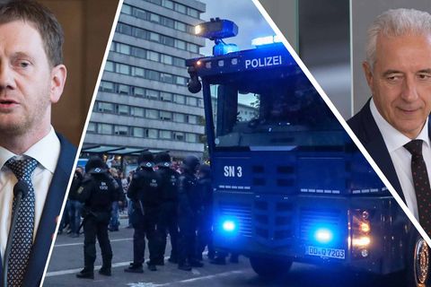 Über Stunden war die Innenstadt von Chemnitz, so schien es, in der Hand von Nazis, Hooligans und rechten Schlägern. Der CDU in Sachsen und dem langjährigen Ministerpräsidenten Stanislaw Tillich (r.) und seinem Nachfolger Michael Kretschmer (l.) wird vorgeworfen, die rechtsextremen Umtriebe im Freistaat zu lange toleriert zu haben