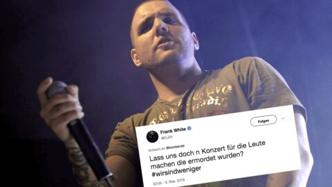 Kollage: Rapper Fler bei einem Auftritt, der Tweet von Fler zu Chemnitz und #wirsindmehr