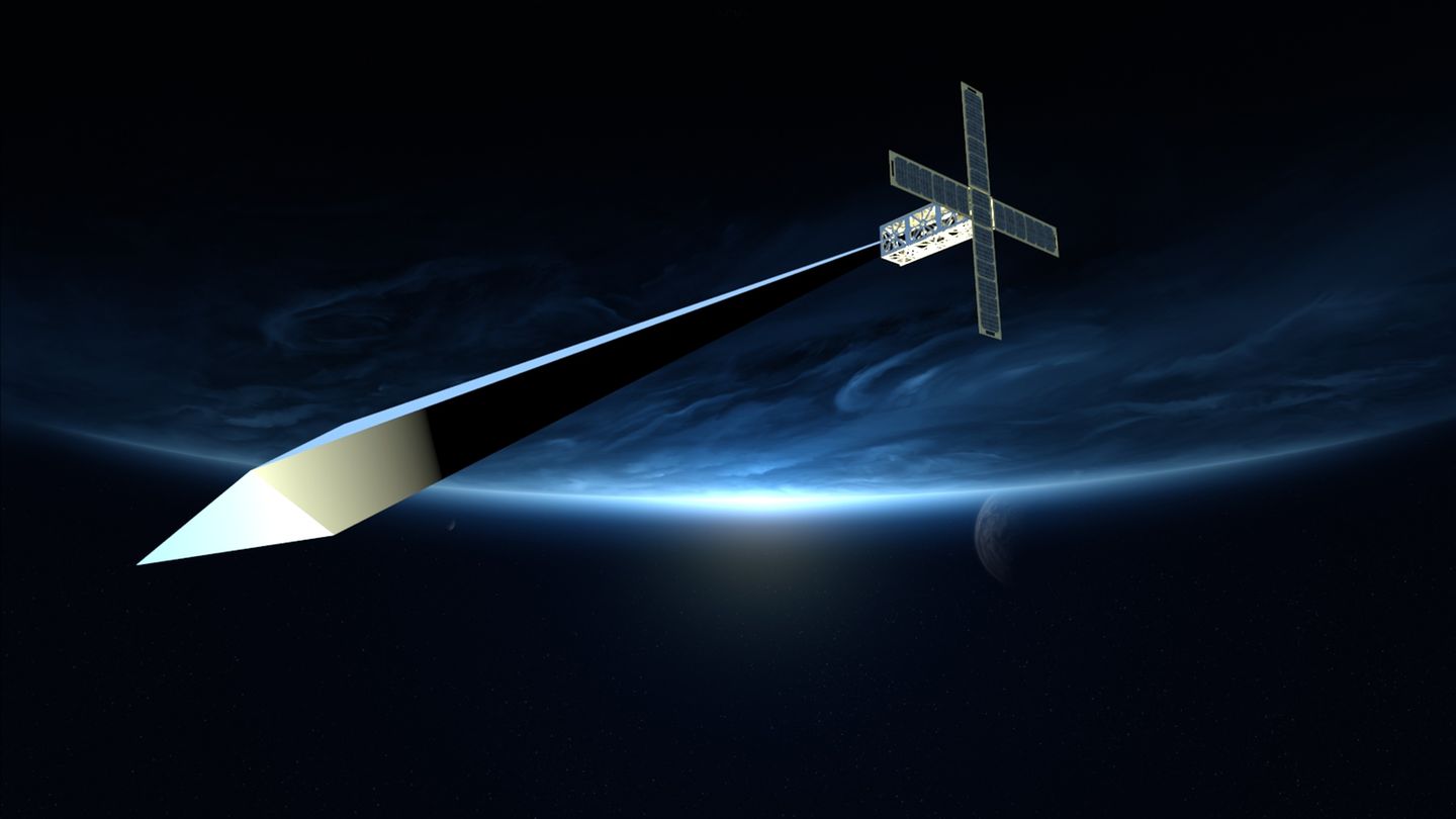 Simulation der Satelliten-Skulptur "Orbital Reflector" im All