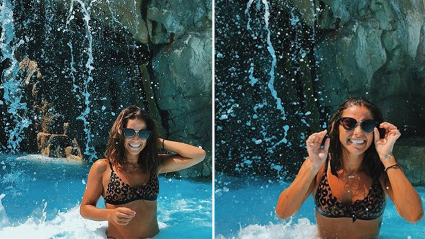 Sarah Lombardi: Im Leoparden-Bikini unterm Wasserfall.