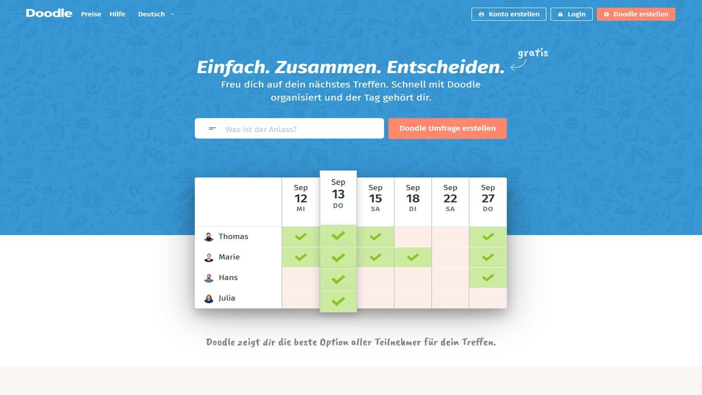 Doodle:  Ein hilfreiches kostenloses Tool, wenn ein gemeinsamer Termin gefunden werden muss. Nützlich zum Planen von Kindergeburtstagen.   www.doodle.com/de
