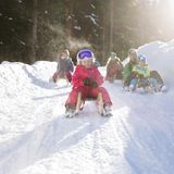 Eine Familie rodelt in einer Winterlandschaft