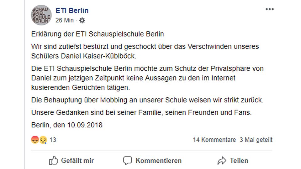 Vermisster DSDS-Star: Das Facebook-Posting von Küblböcks Schauspielschule Das Facebook-Posting von Küblböcks Schauspielschule