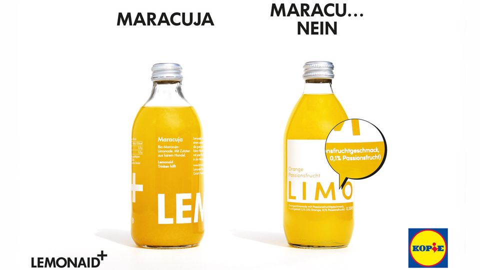 Die Lidl-Limo sieht aus wie die Lemonaid-Maracuja, enthält aber keinen Maracuja-Saft, sondern 3 Prozent Orange und 0,1 Prozent Passionsfrucht