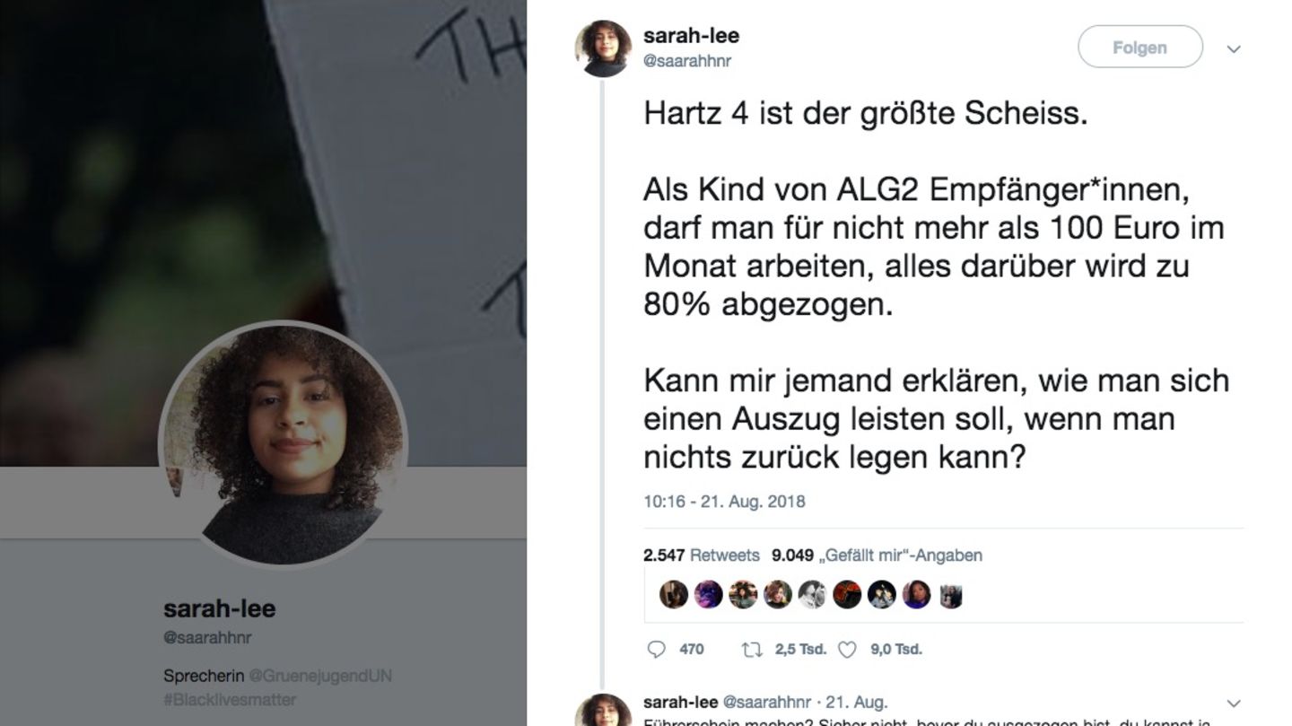 Sarah-Lee Screenshot des Tweets "Hartz 4 ist der größte Scheiß"