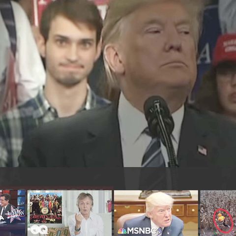 Der Karohemd-Typ grimassiert fleißig, während Trump seine Rede hält