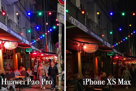 Wir waren gegen Mitternacht in Hamburgs Stadtteil St. Pauli unterwegs. Ein ideales Testszenario: Alles ist in Bewegung, Lampen leuchten in vielen bunten Farben. Die größten Unterschiede der beiden Smartphones zeigen sich bei Nacht: Das Huawei P20 Pro ist etwas lichtstärker, die Lichtstimmung wird allerdings beim iPhone besser eingefangen.