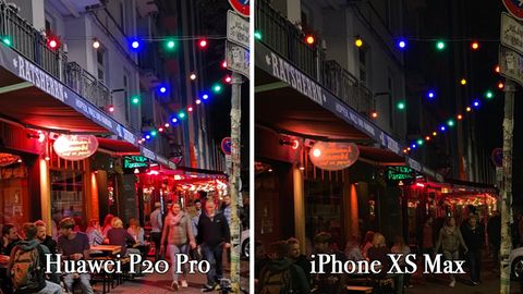 Wir waren gegen Mitternacht in Hamburgs Stadtteil St. Pauli unterwegs. Ein ideales Testszenario: Alles ist in Bewegung, Lampen leuchten in vielen bunten Farben. Die größten Unterschiede der beiden Smartphones zeigen sich bei Nacht: Das Huawei P20 Pro ist etwas lichtstärker, die Lichtstimmung wird allerdings beim iPhone besser eingefangen.